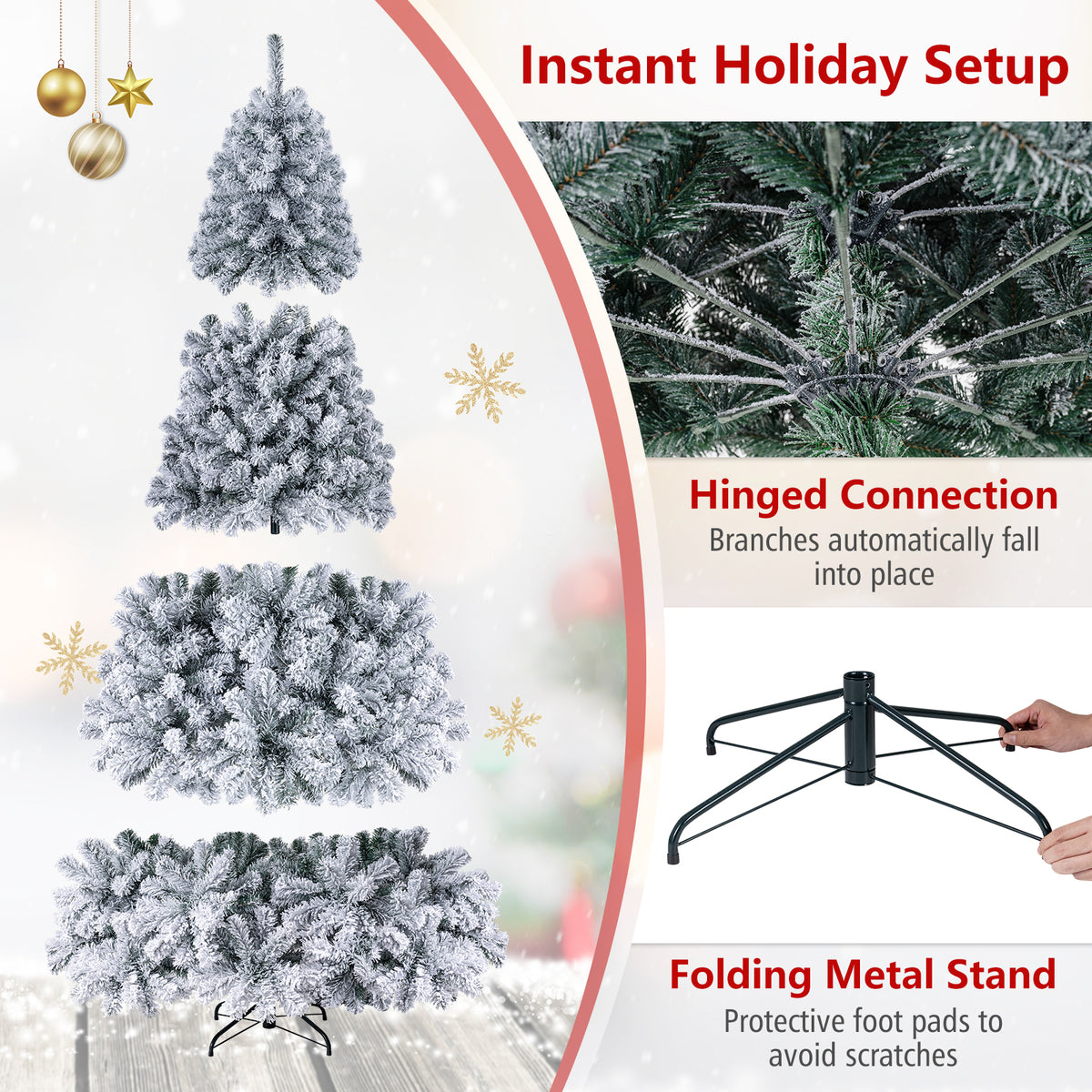 6/7.5/9/4.5 FT Snow-Flocked Christmas Tree, Pre-lit Xmas Tree w/ 250/450/550/150 Warm White LED Lights & 600/1010/1498/295 Branch Tips