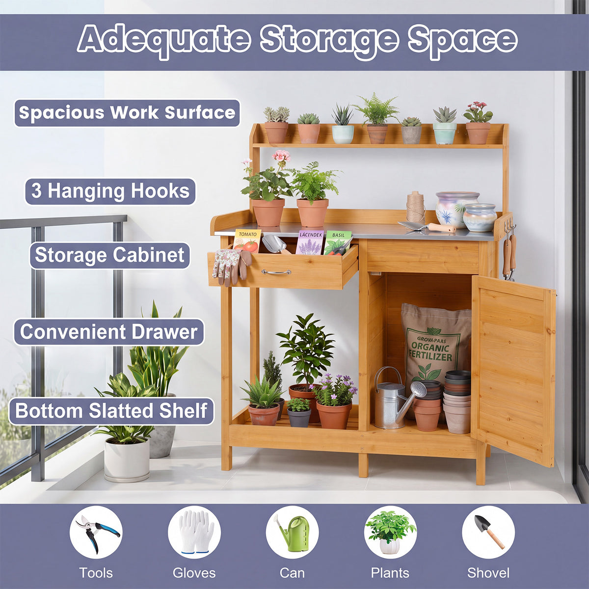 Wooden Potting Bench Table, Outdoor Garden Planting Table with Cabinet Drawer