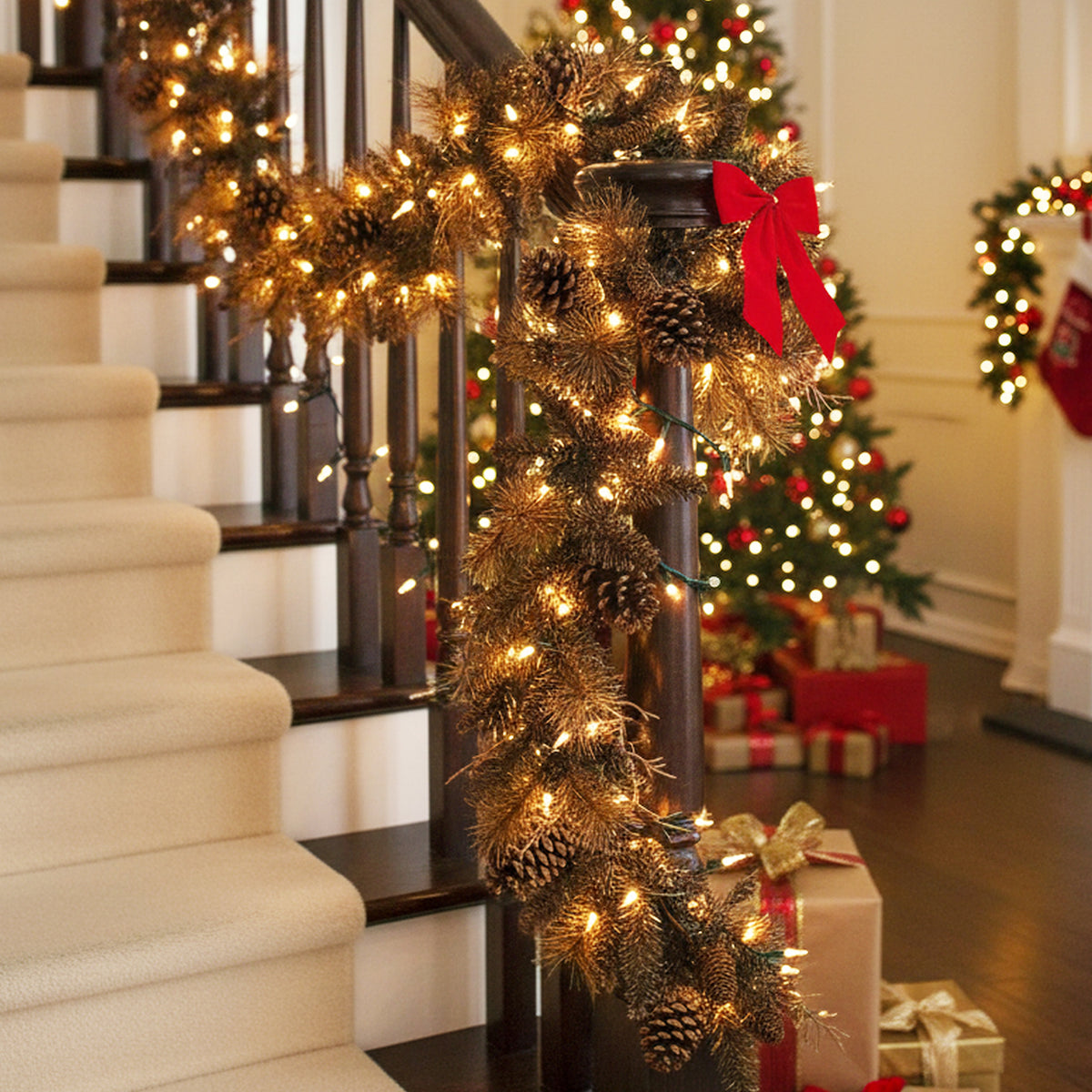 9FT Pre-lit Artificial Christmas Garland, Christmas Garland with 35 Warm White LED Lights