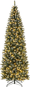 6FT/9FT Pre-Lit Pencil Christmas Tree, Snowy Artificial Christmas Tree with 1298 Branch Tips & 500 LED Lights