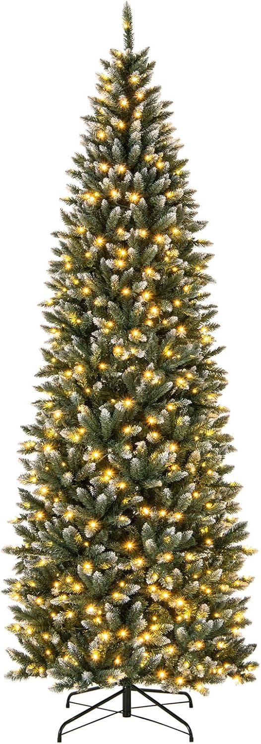 6FT/9FT Pre-Lit Pencil Christmas Tree, Snowy Artificial Christmas Tree with 1298 Branch Tips & 500 LED Lights