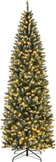 6FT/9FT Pre-Lit Pencil Christmas Tree, Snowy Artificial Christmas Tree with 1298 Branch Tips & 500 LED Lights