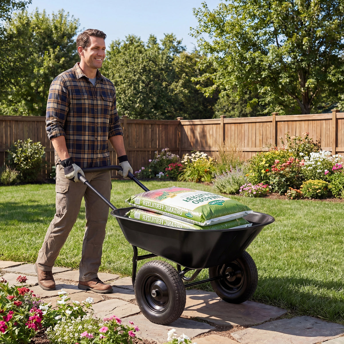 Garden Cart Wheelbarrow, 2-Wheel Outdoor Trolley with Metal Frame, 14" Pneumatic Tires