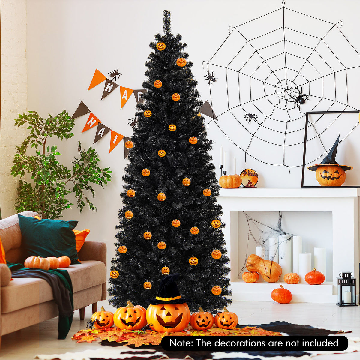 6FT Prelit Pencil Black Christmas Tree, Artificial Slim Xmas Tree with 618 Branch Tips