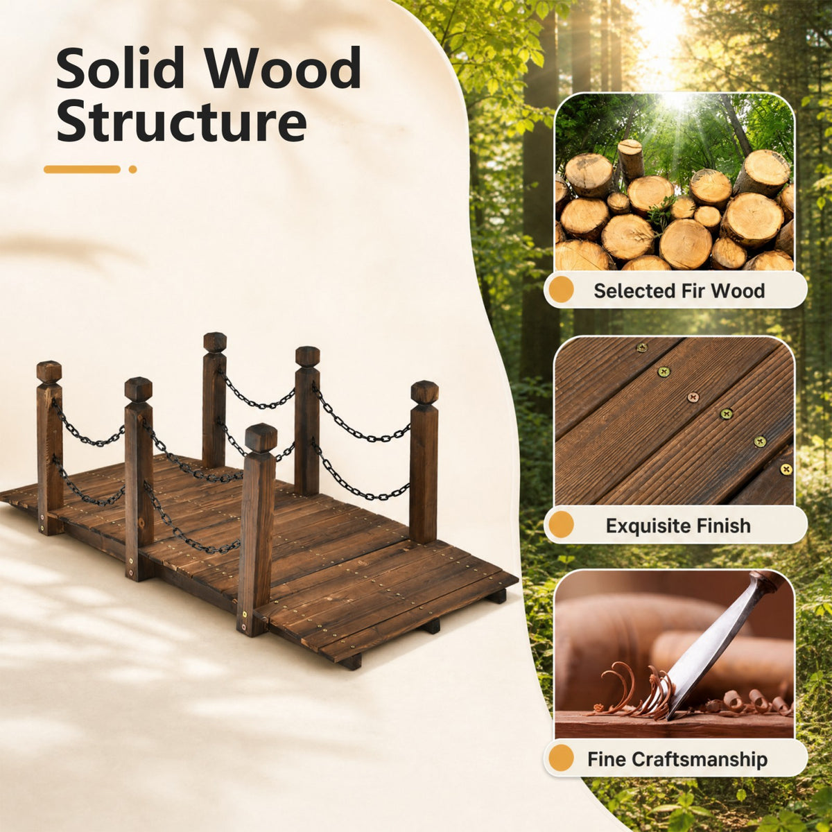 150cm Wooden Bridge, Arc Footbridge w/Safe Chain Railings, Outside Small Arc Pond Bridge