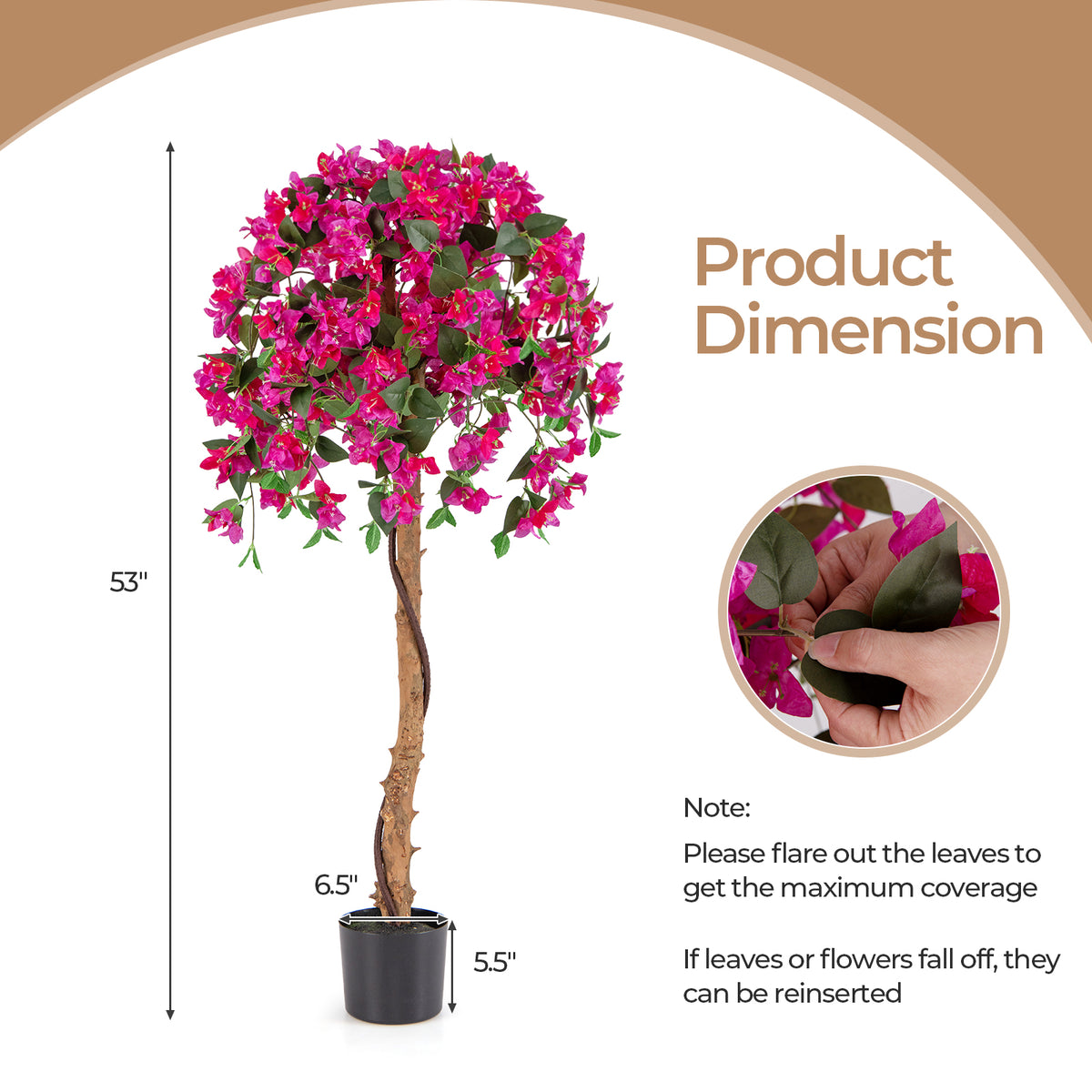 53" Artificial Bougainvillea Tree, Faux Silk Flower Plant in Pot with 576 Flowers & 288 Leaves