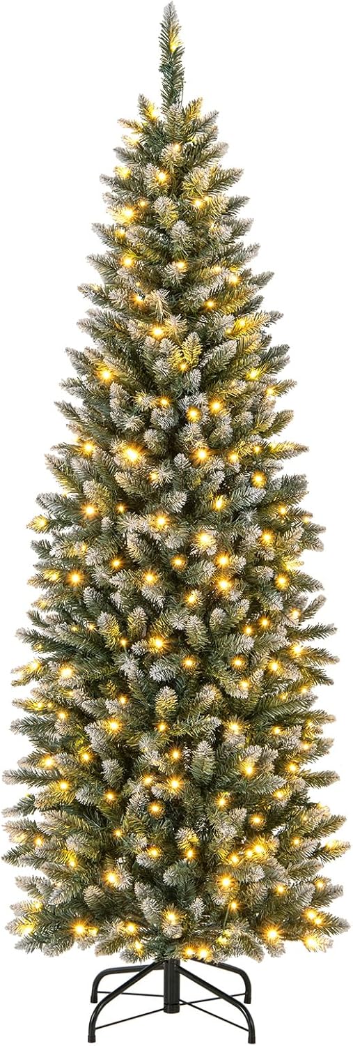 6FT/9FT Pre-Lit Pencil Christmas Tree, Snowy Artificial Christmas Tree with 1298 Branch Tips & 500 LED Lights
