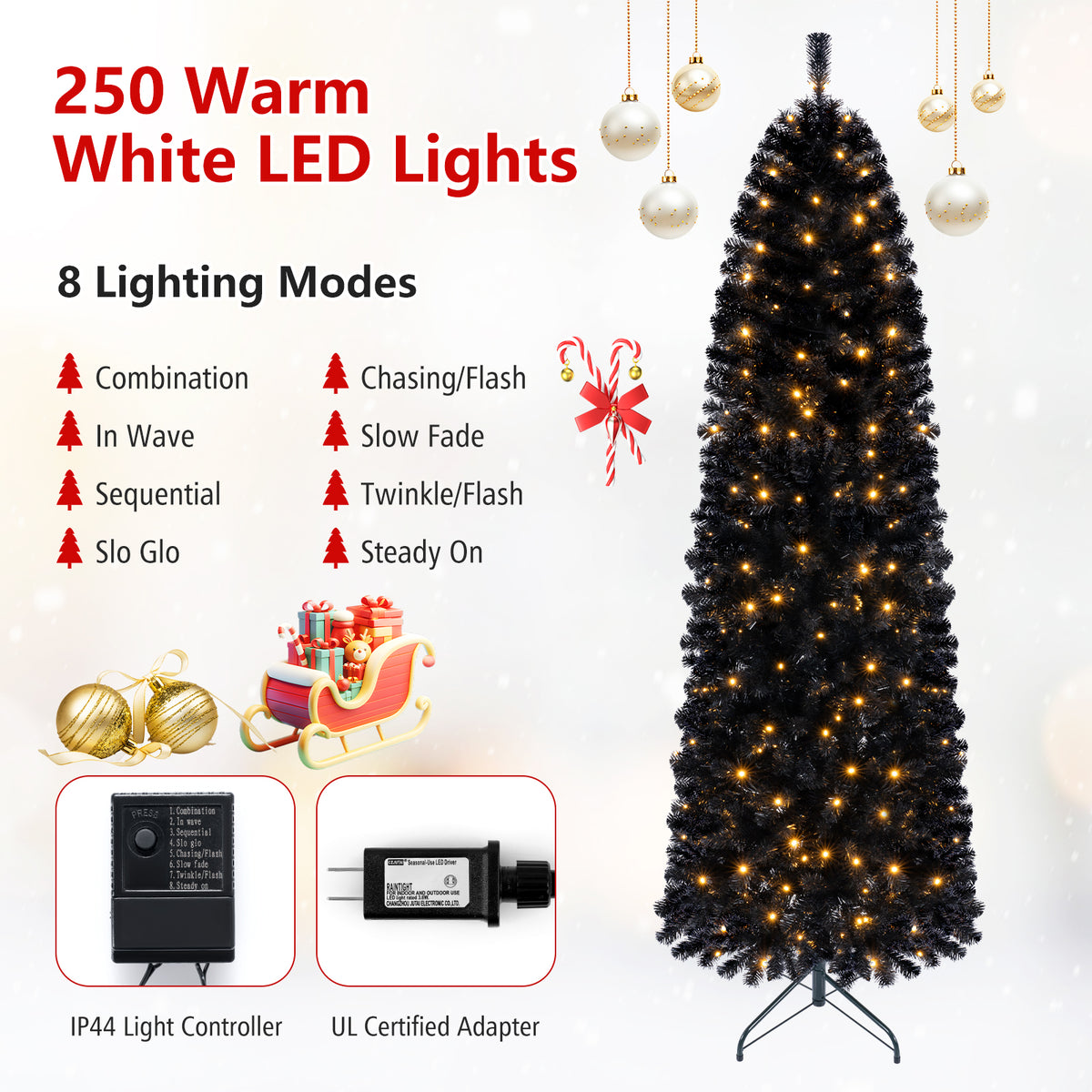 7/8 FT Pre-Lit Black Christmas Tree, Slim Artificial Halloween & Xmas Tree