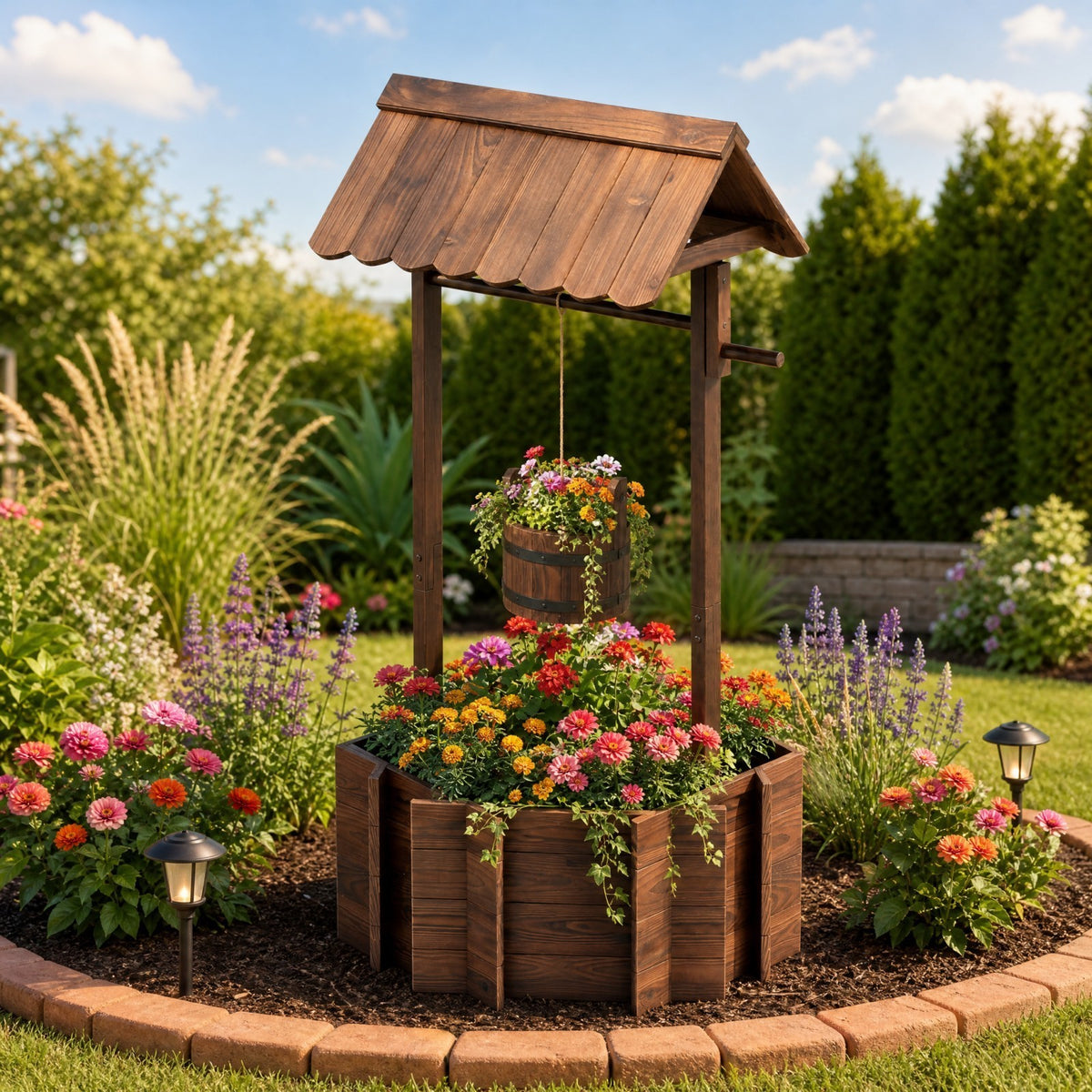 Rustic Outdoor Garden Decoration with Solid Fir Wood Construction, Wooden Wishing Well Planter with Hanging Bucket