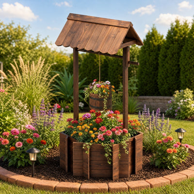 Rustic Outdoor Garden Decoration with Solid Fir Wood Construction, Wooden Wishing Well Planter with Hanging Bucket