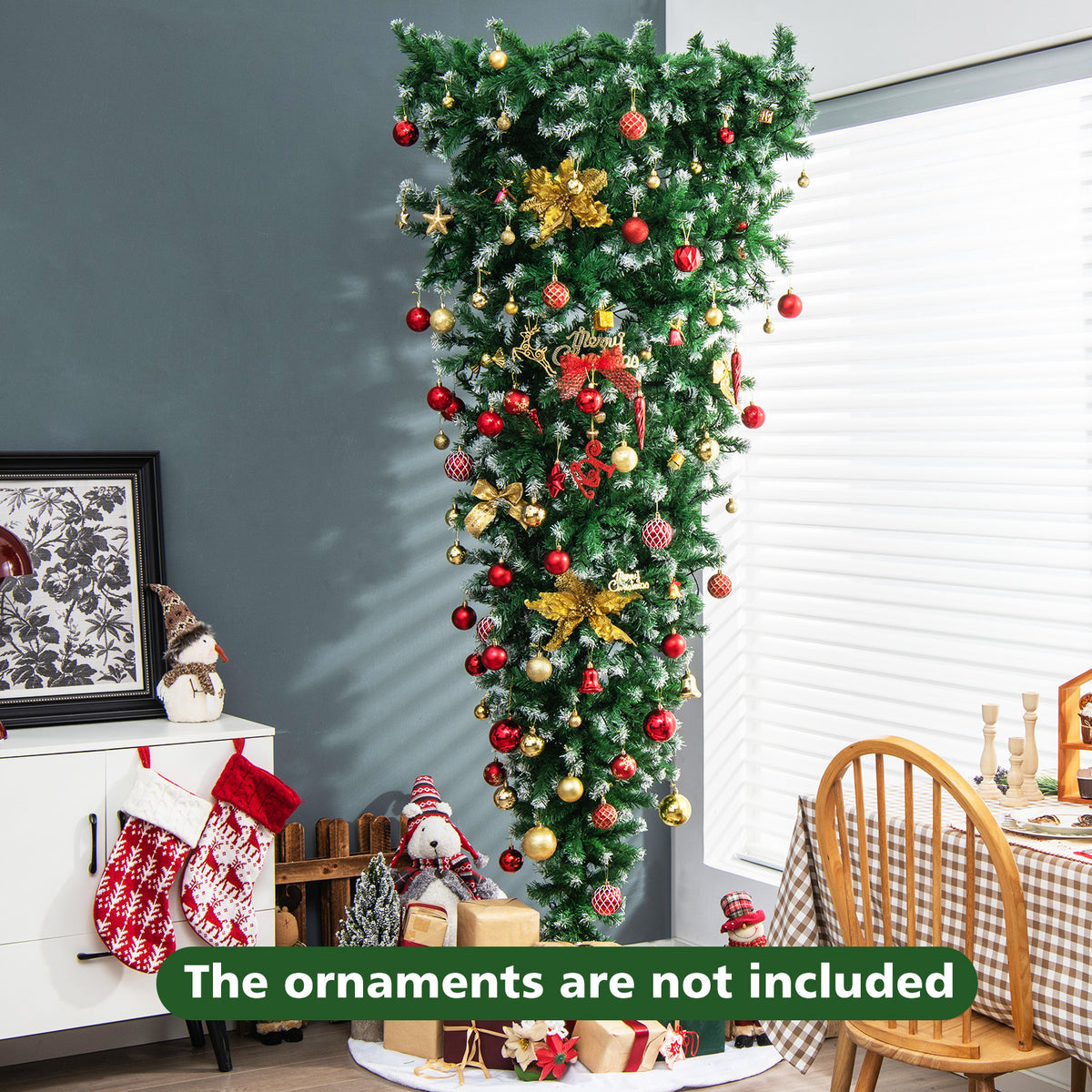 7.5 FT Pre-lit Upside Down Christmas Tree, Snow Flocked Artificial Xmas Tree with 1100 PVC Branch Tips