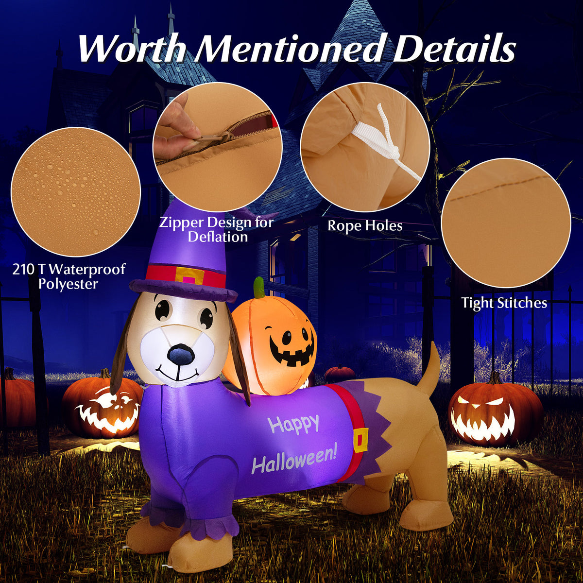 5FT Long Halloween Inflatable Dachshund, Blow Up Wiener Dog with Pumpkin & Witch Hat