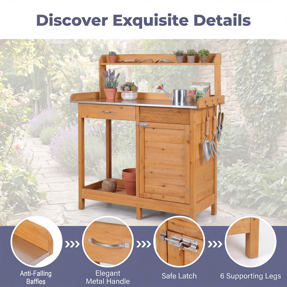 Wooden Potting Bench Table, Outdoor Garden Planting Table with Cabinet Drawer