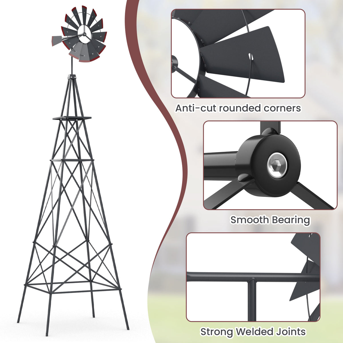 8ft Steel Windmill, Farmhouse Windmill Decoration with Directional Vane
