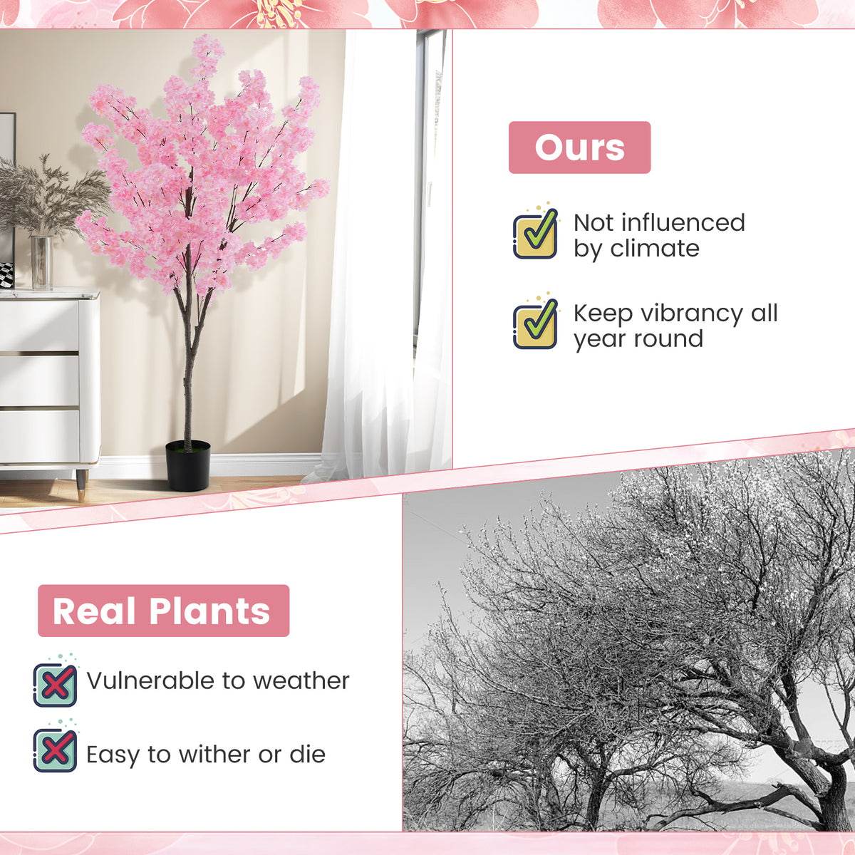6.5FT Artificial Cherry Blossom Tree, Faux Pink Cherry Plant with Sturdy PE Trunk & Cement-Filled Nursery Pot