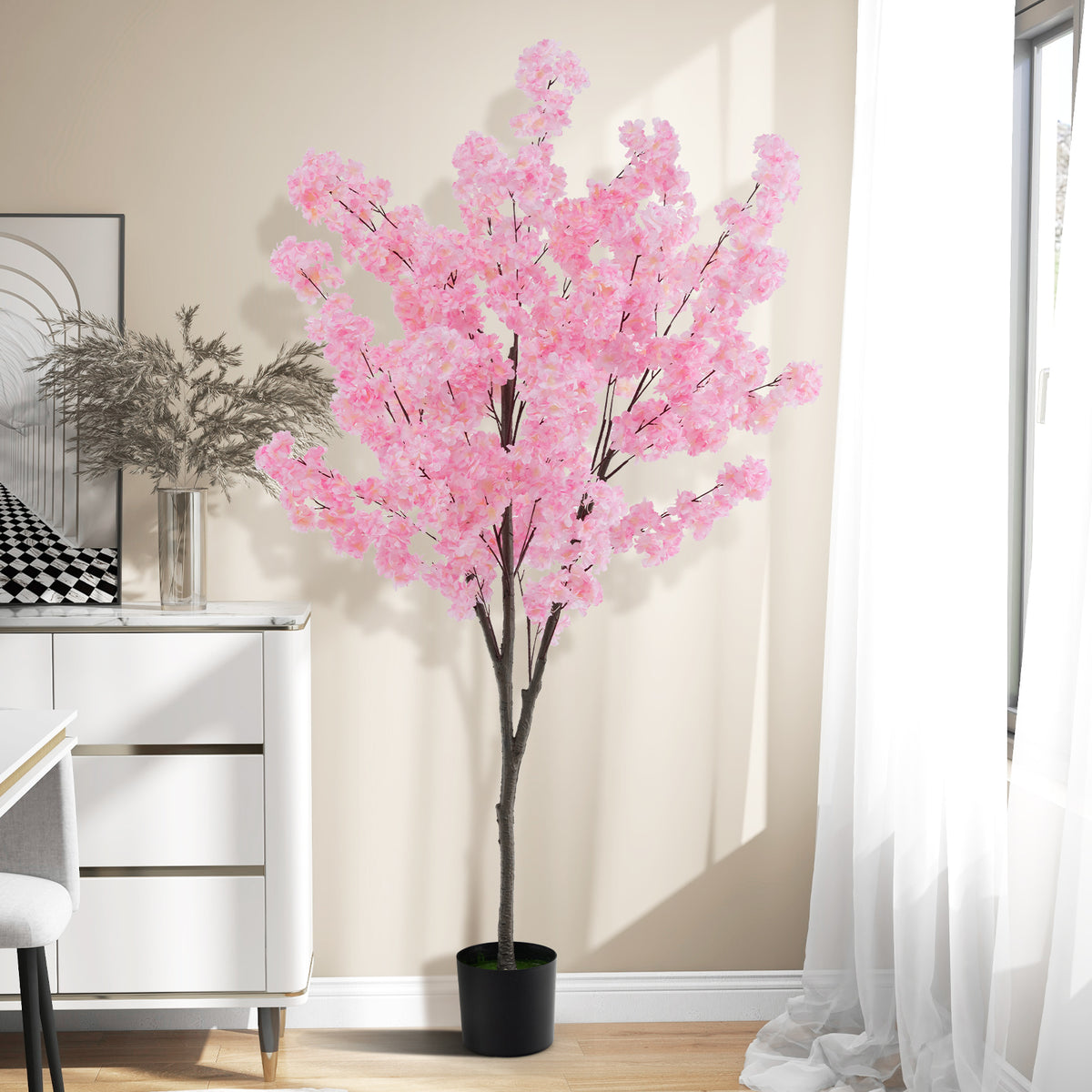 6.5FT Artificial Cherry Blossom Tree, Faux Pink Cherry Plant with Sturdy PE Trunk & Cement-Filled Nursery Pot