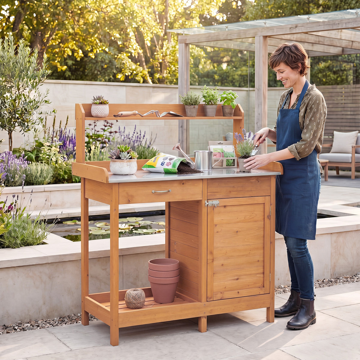 Wooden Potting Bench Table, Outdoor Garden Planting Table with Cabinet Drawer