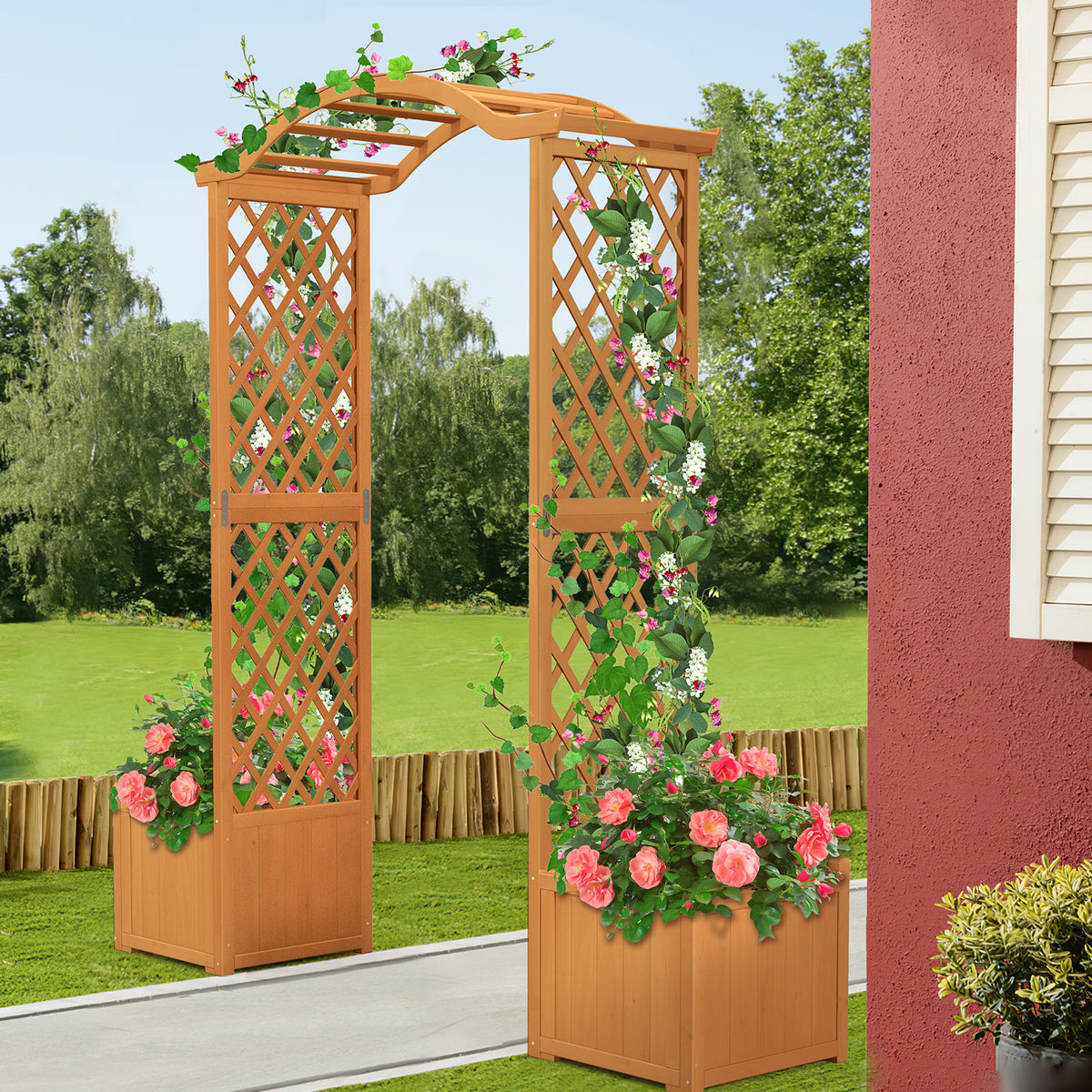 Wooden Garden Arbor with Planter Boxes, White Trellis Archway for Climbing Plants & Decorations