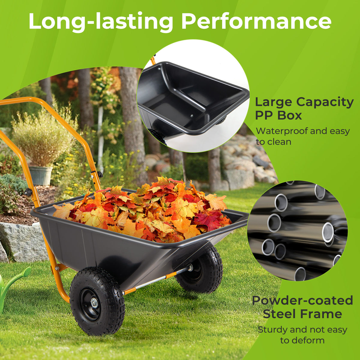 21-Gallon Dual-Wheel Wheelbarrow, Heavy-Duty Utility Cart with Pneumatic Tires and Foldable Handle