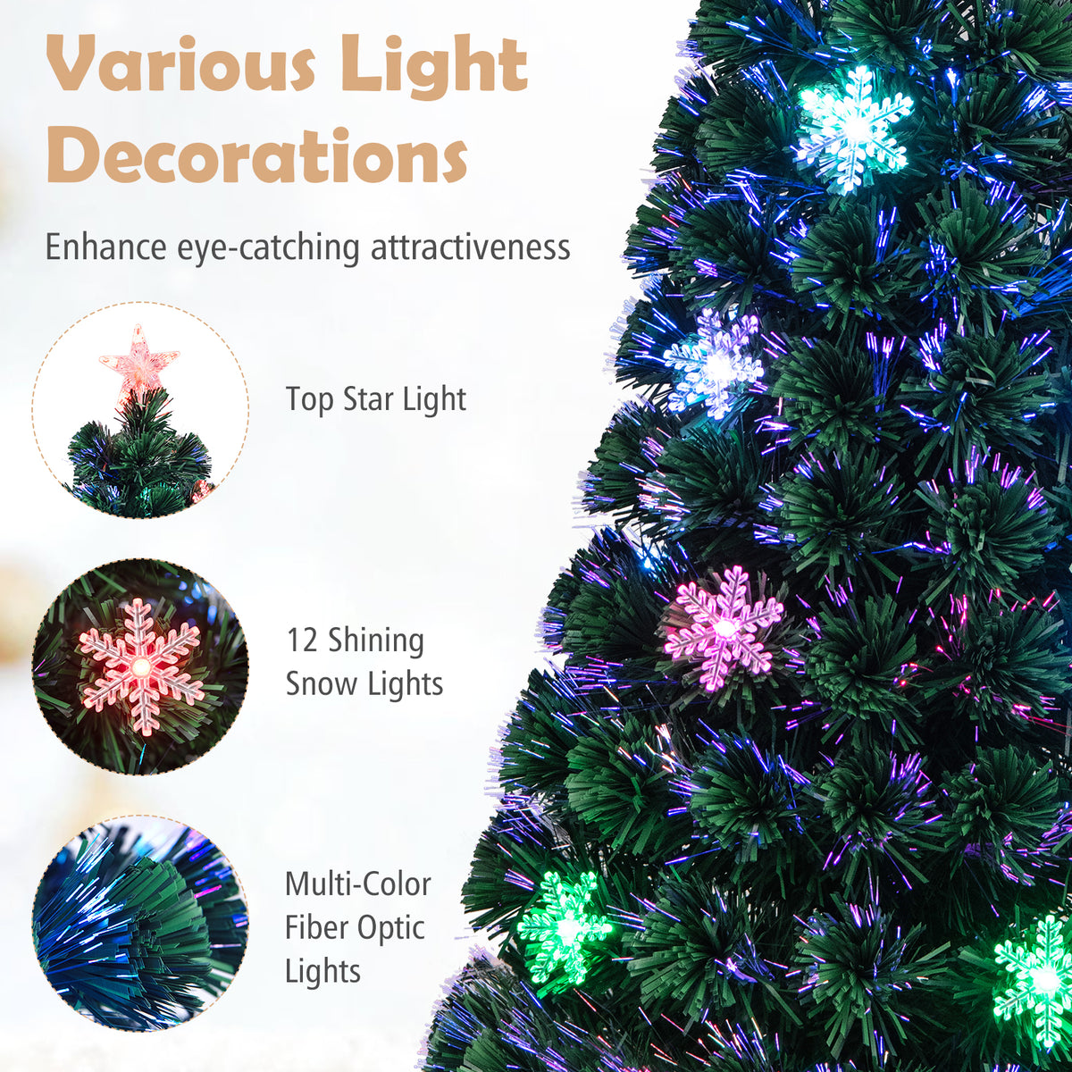 3FT Pre-Lit Optical Fiber Christmas Artificial Tree with Multicolor LED Lights and Snowflakes