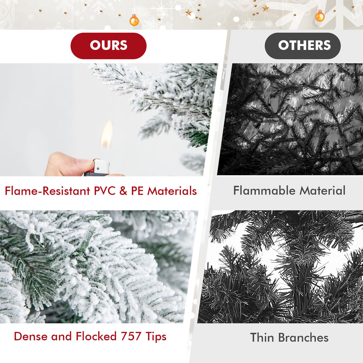 4.5 FT Pre-Lit Christmas Tree Snow Flocked, Artificial Christmas Tree with 757 Branch Tips