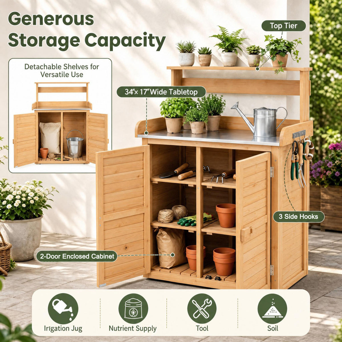 Garden Potting Bench Table, Wood Plant Workstation w/ Stainless Steel Tabletop