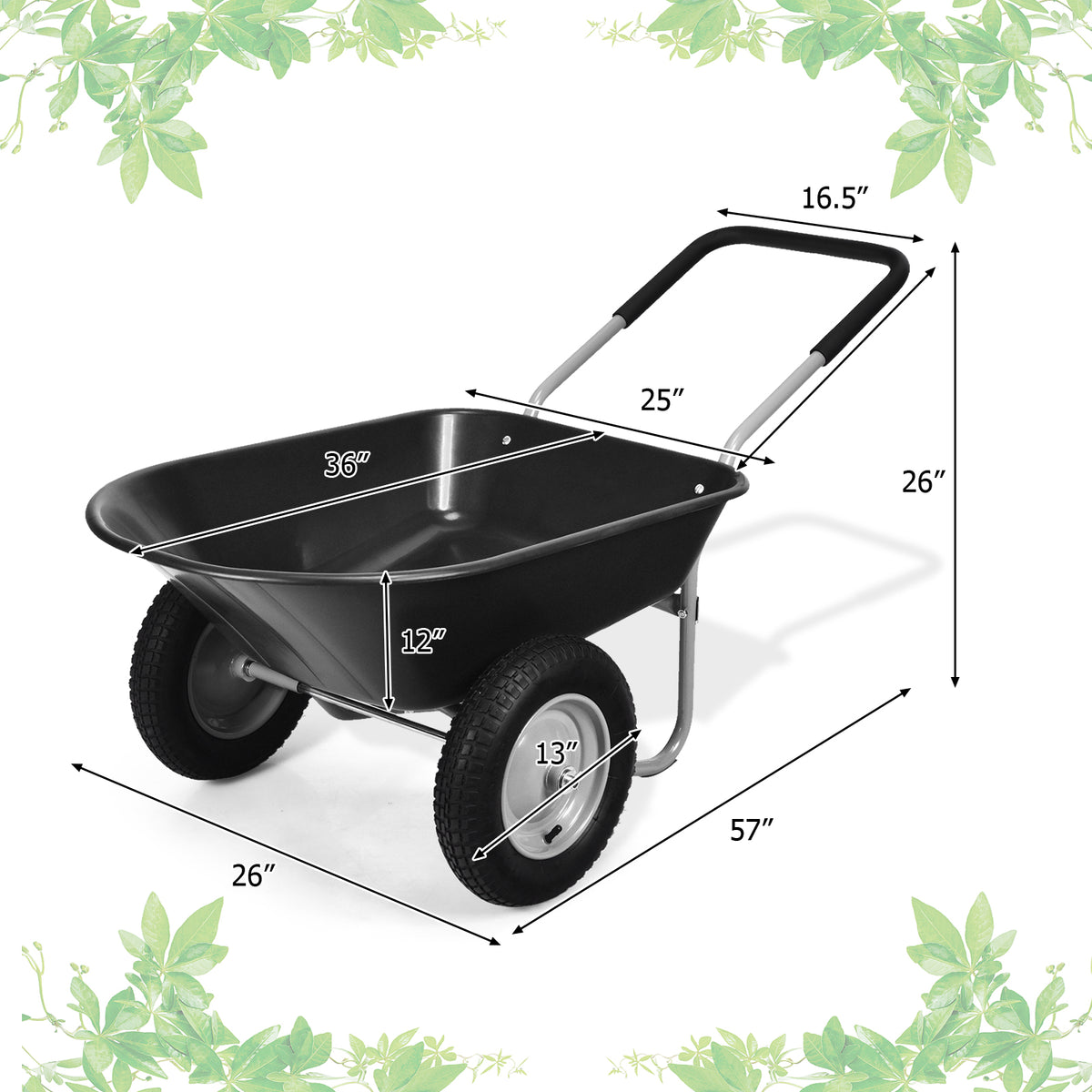Garden Cart Wheelbarrow, 2-Wheel Outdoor Trolley with Metal Frame, 14" Pneumatic Tires