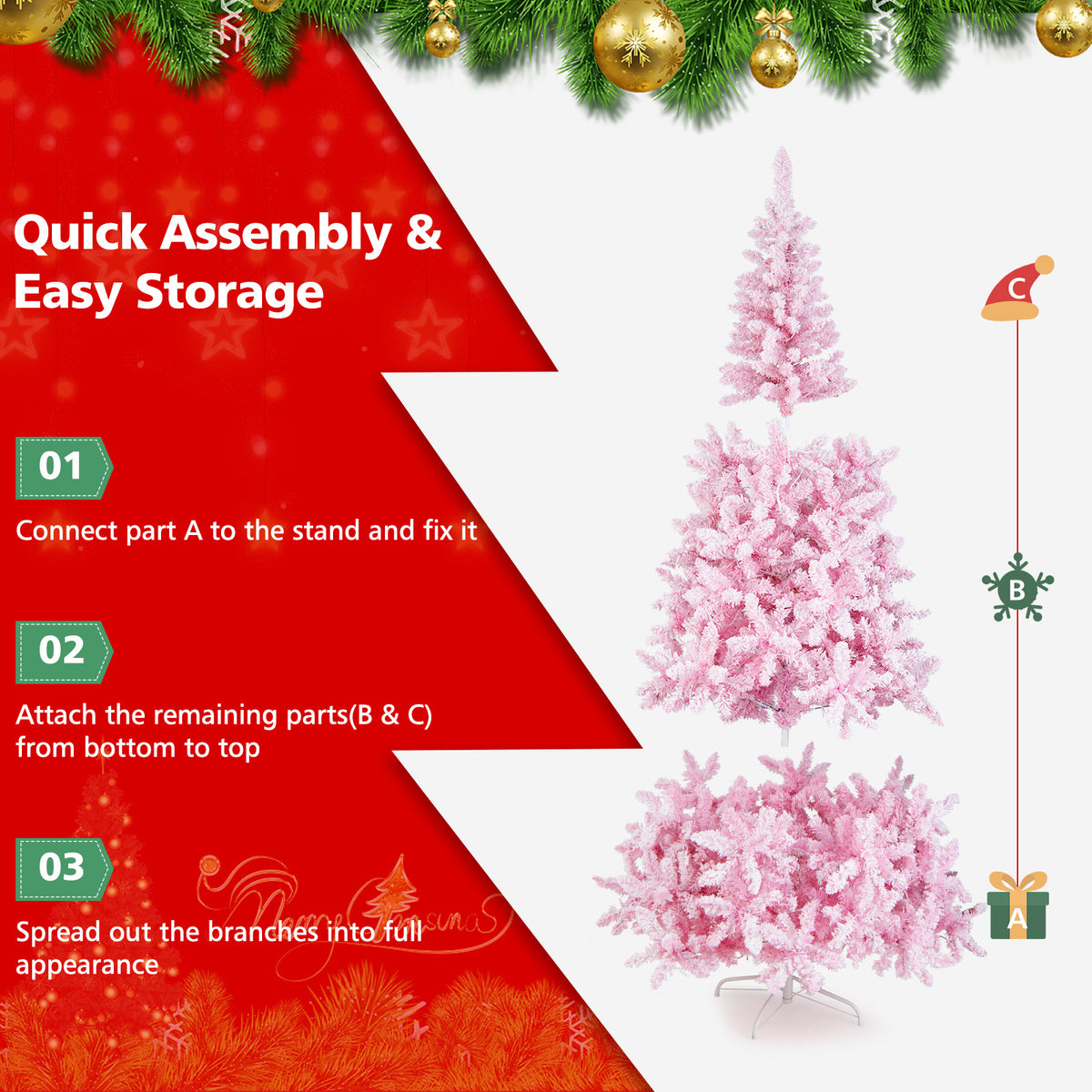 7.5 FT Pre-Lit Artificial Christmas Tree with Snow Flocked Pink Leaves