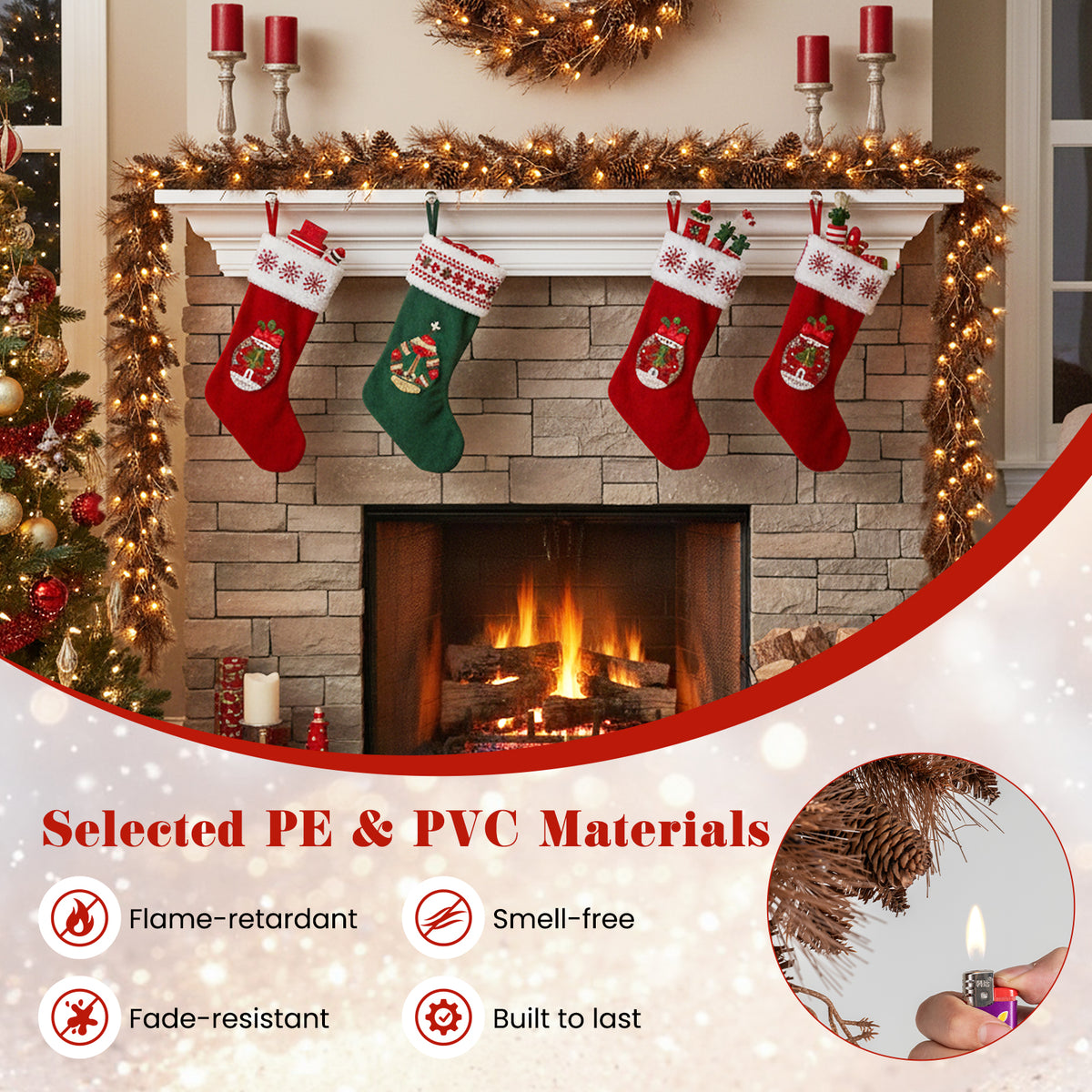 9FT Pre-lit Artificial Christmas Garland, Christmas Garland with 35 Warm White LED Lights