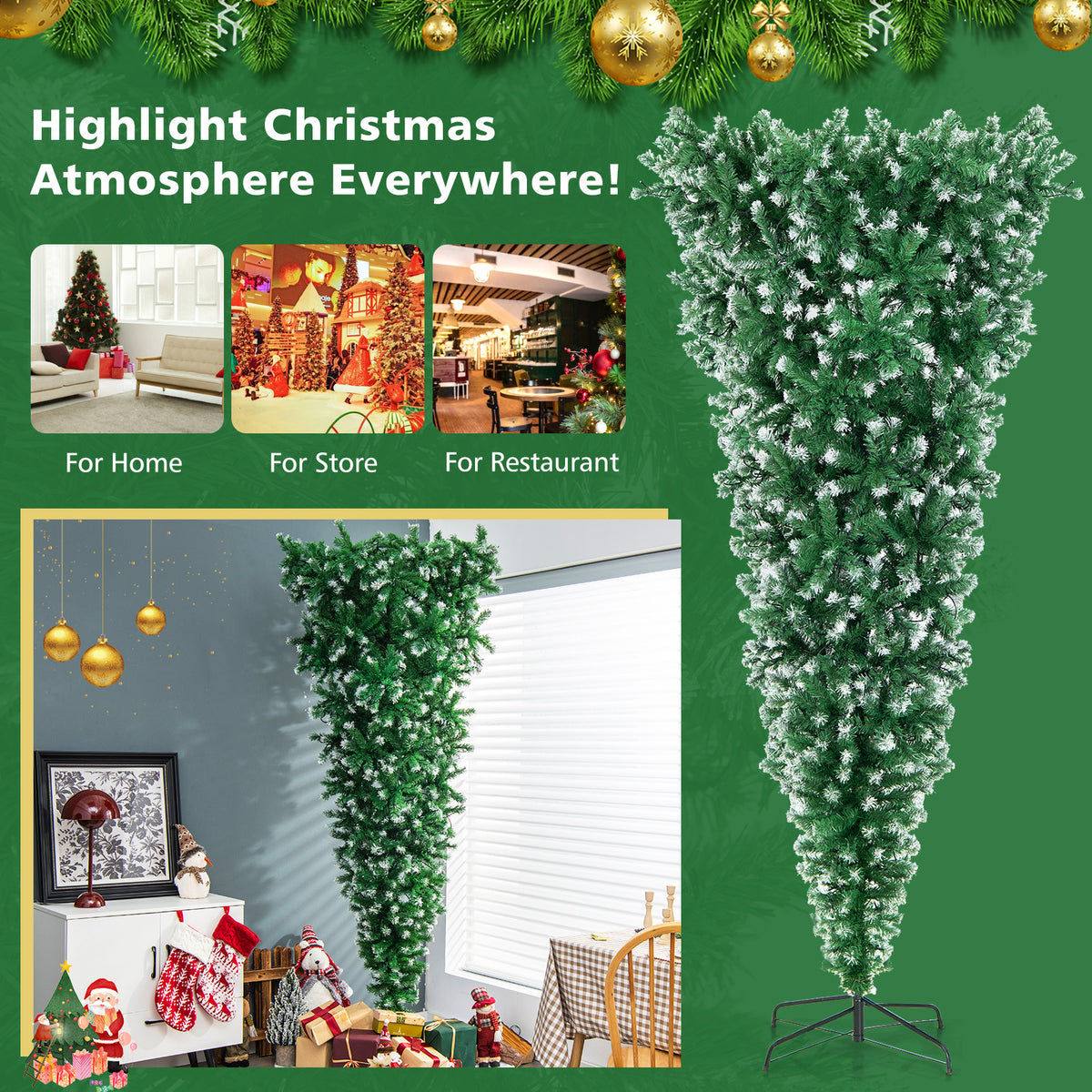 7.5 FT Pre-lit Upside Down Christmas Tree, Snow Flocked Artificial Xmas Tree with 1100 PVC Branch Tips