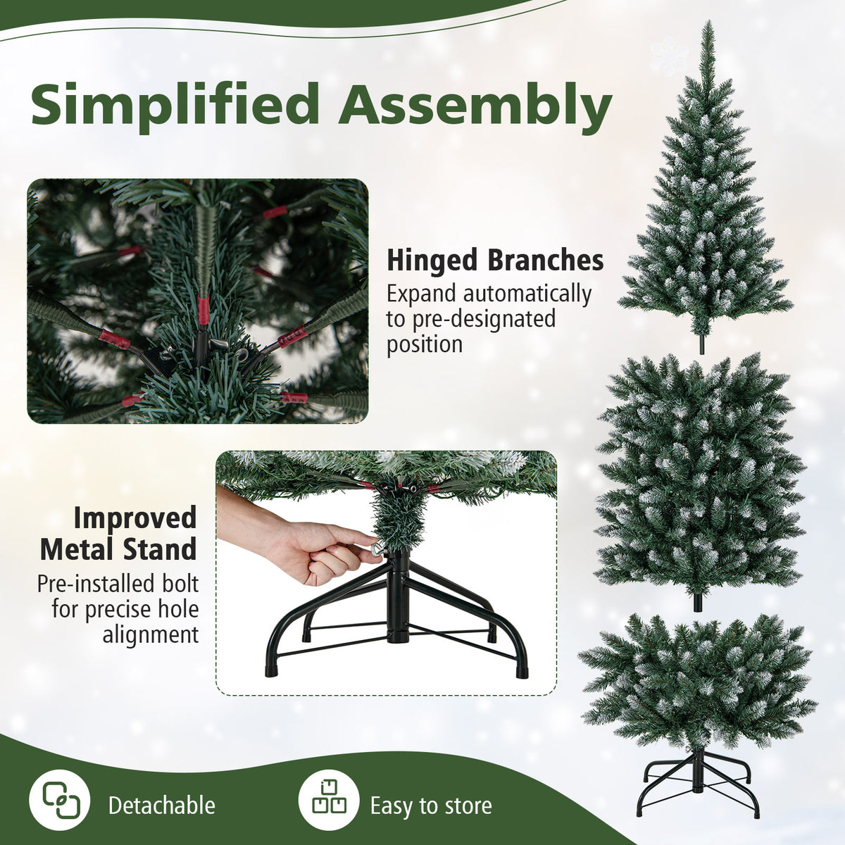 6FT/9FT Pre-Lit Pencil Christmas Tree, Snowy Artificial Christmas Tree with 1298 Branch Tips & 500 LED Lights