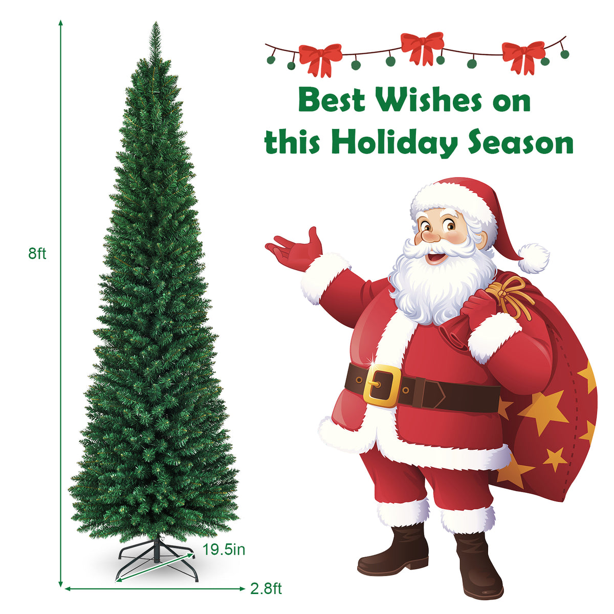 8 FT Slim Pencil Artificial Christmas Tree Unlit Green with Metal Stand