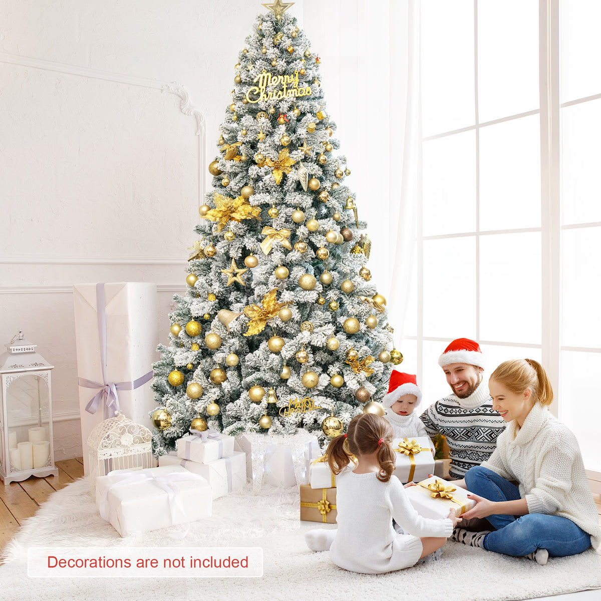 9FT Flocked Christmas Tree, Artificial Xmas Tree w/PVC Needles, Metal Stand