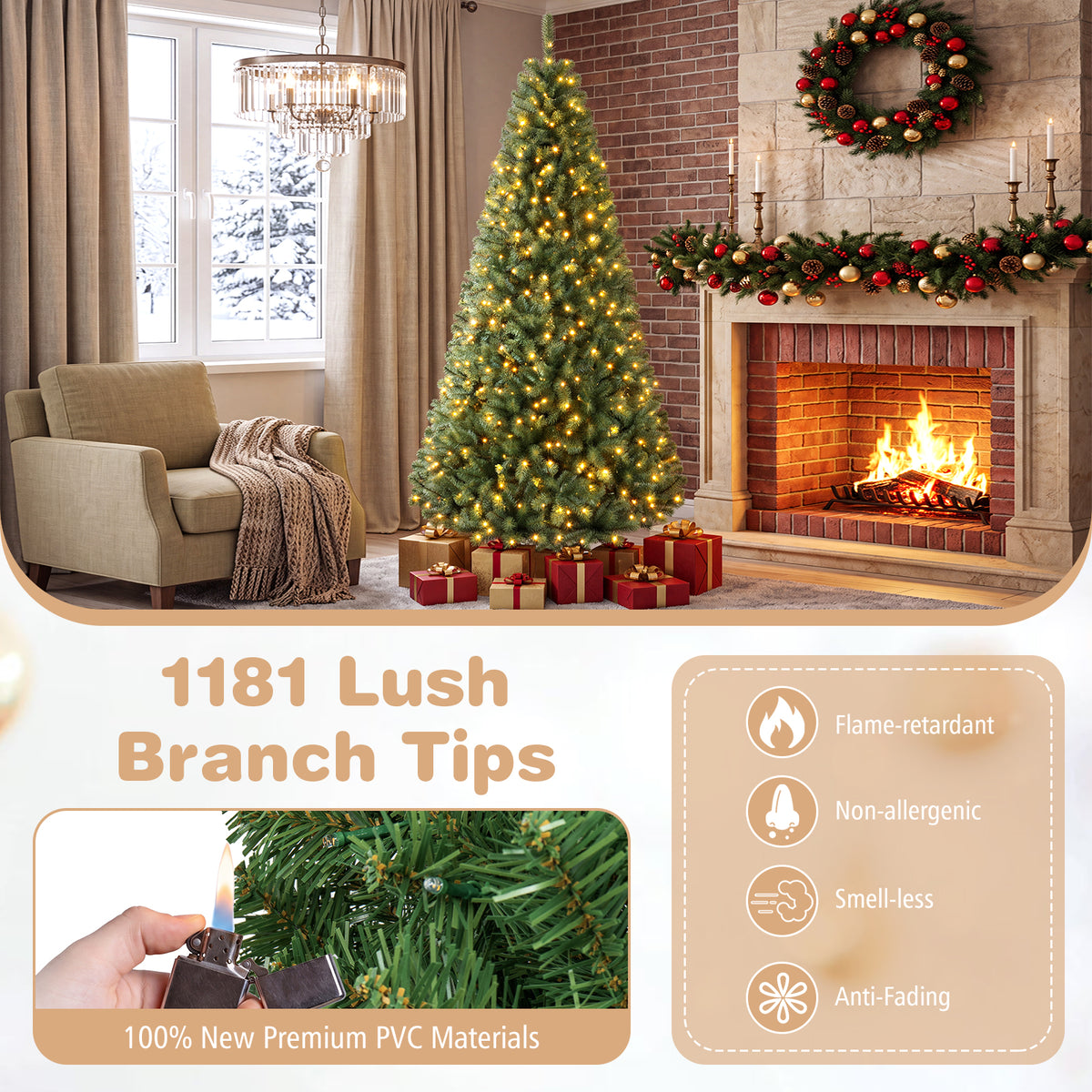 7/6/8 FT Pre-Lit Artificial Christmas Tree, Artificial Xmas Tree