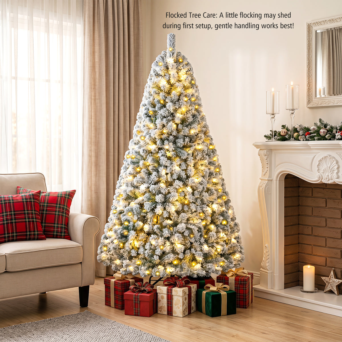 7/6/8 FT Snow-Flocked Artificial Christmas Tree, Pre-lit Xmas Tree