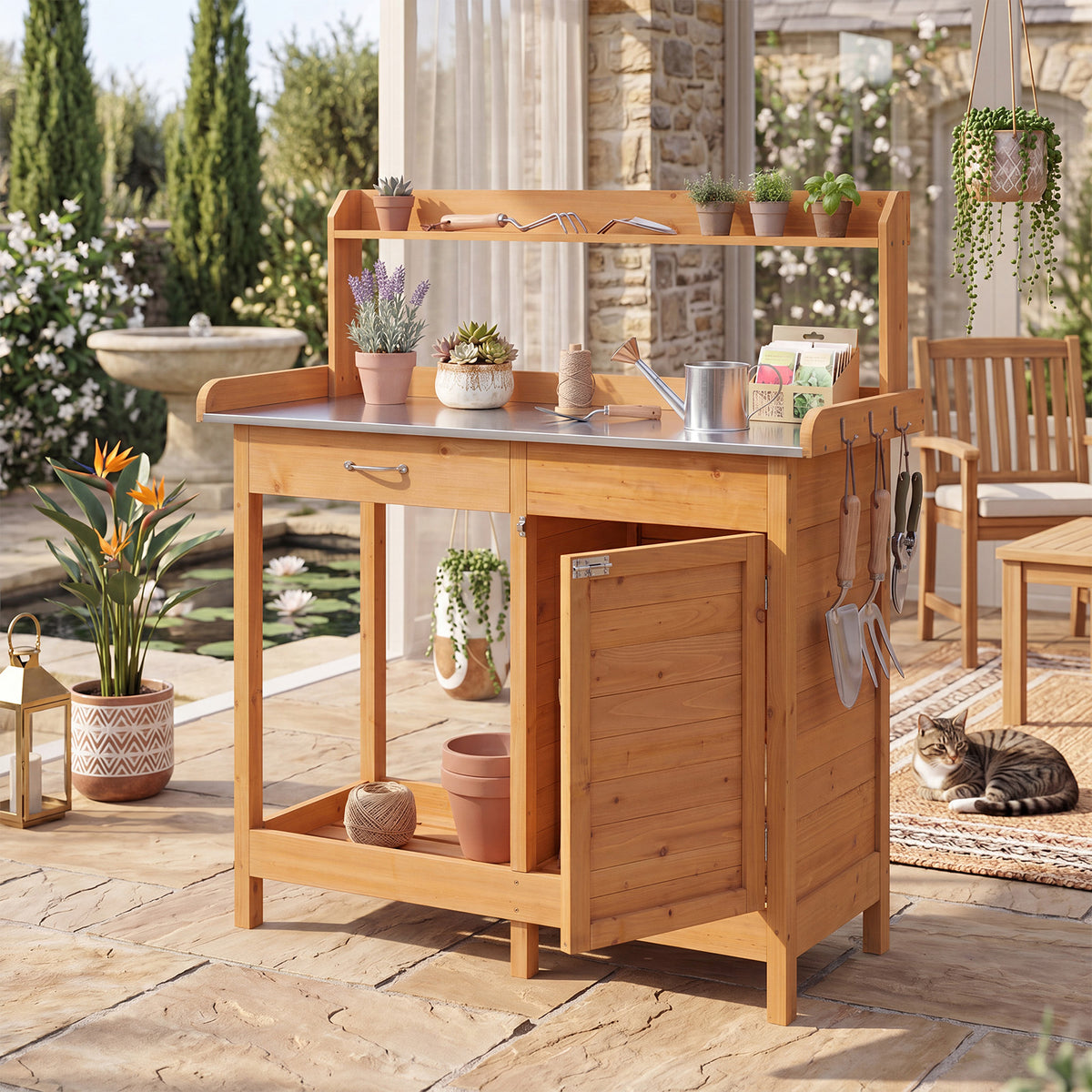 Wooden Potting Bench Table, Outdoor Garden Planting Table with Cabinet Drawer