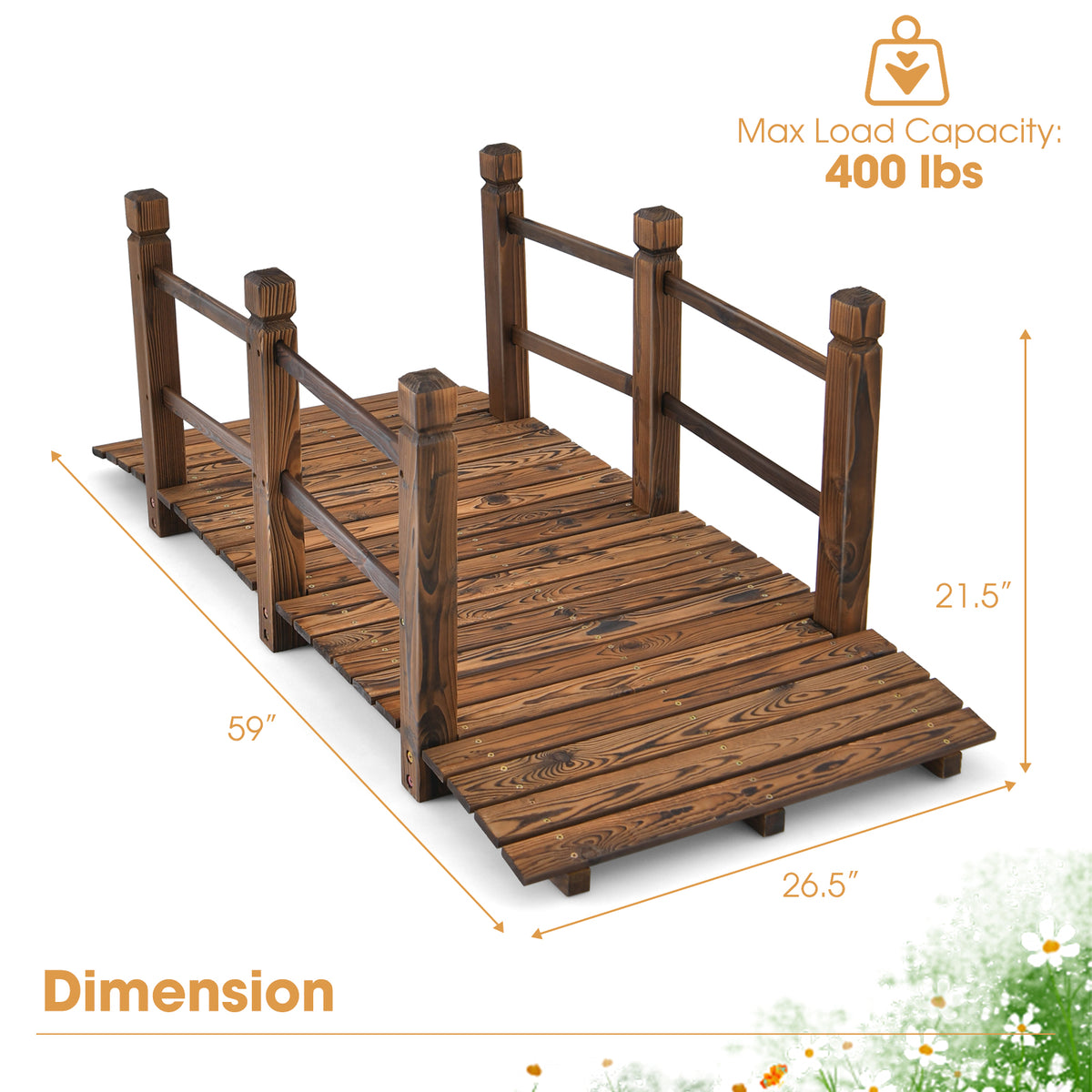 Arched Outdoor Footbridge, 5 FT Fir Wood Garden Crossing with Dual Safety Side Rails