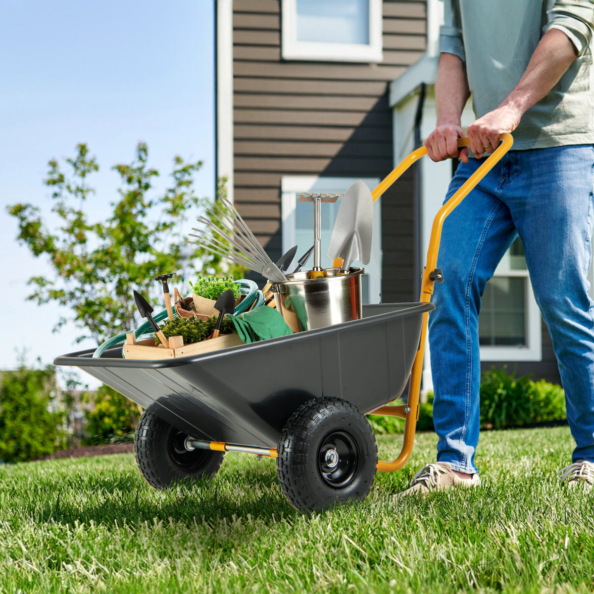 21-Gallon Dual-Wheel Wheelbarrow, Heavy-Duty Utility Cart with Pneumatic Tires and Foldable Handle