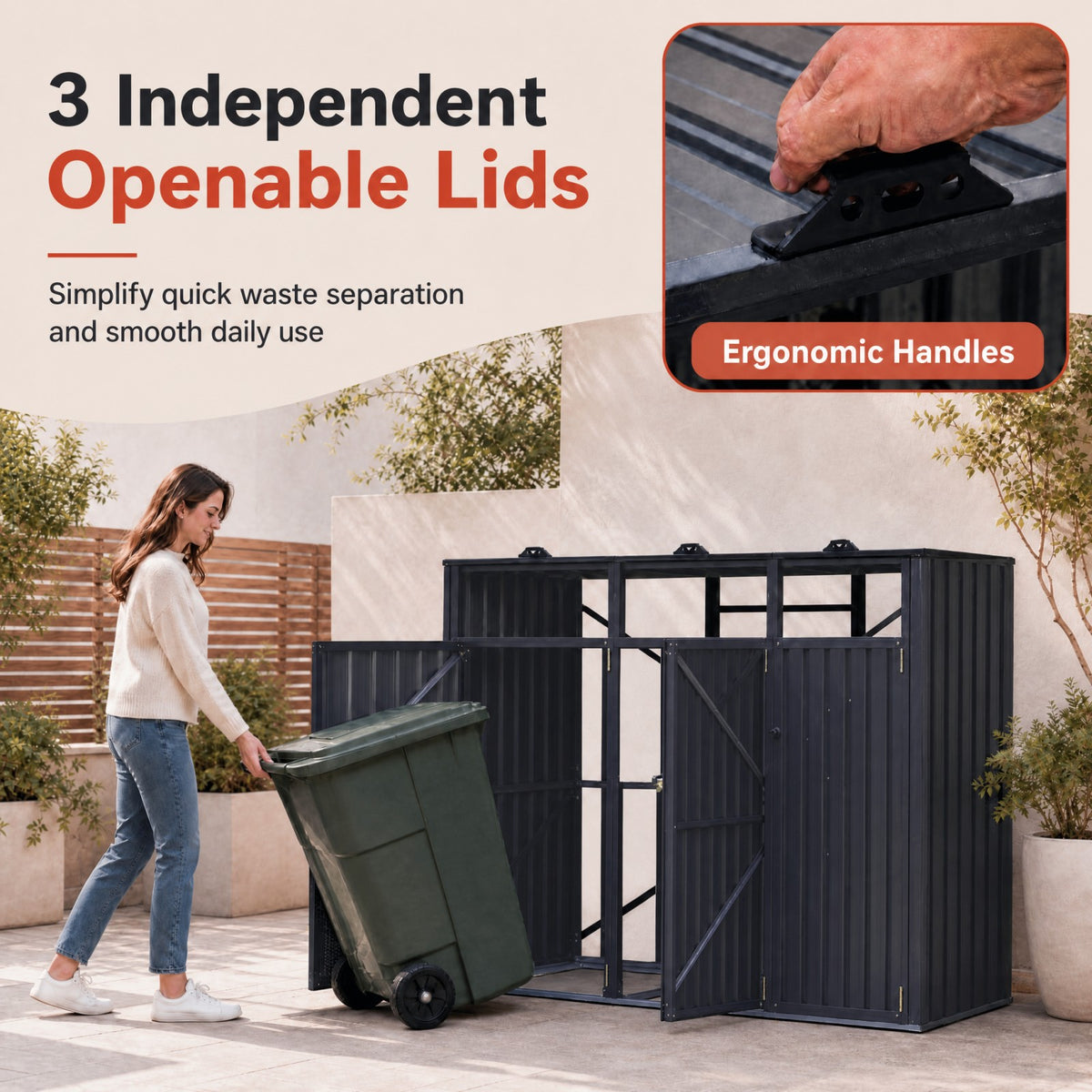 3-Bin Metal Trash Can Storage Shed, 238 x 79 CM Outdoor Garbage Shed with Flip-Up Lids & Lockable Doors