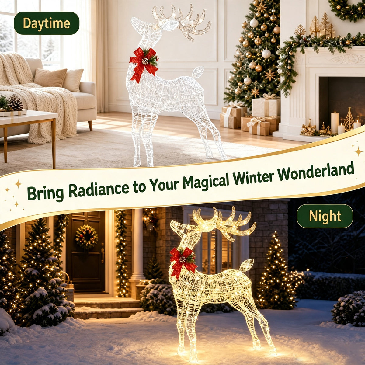 Lighted Standing Reindeer Christmas Decoration, Pre-Lit 120 LED Lights Artificial Christmas Décor with Ground Stakes and Zip Ties