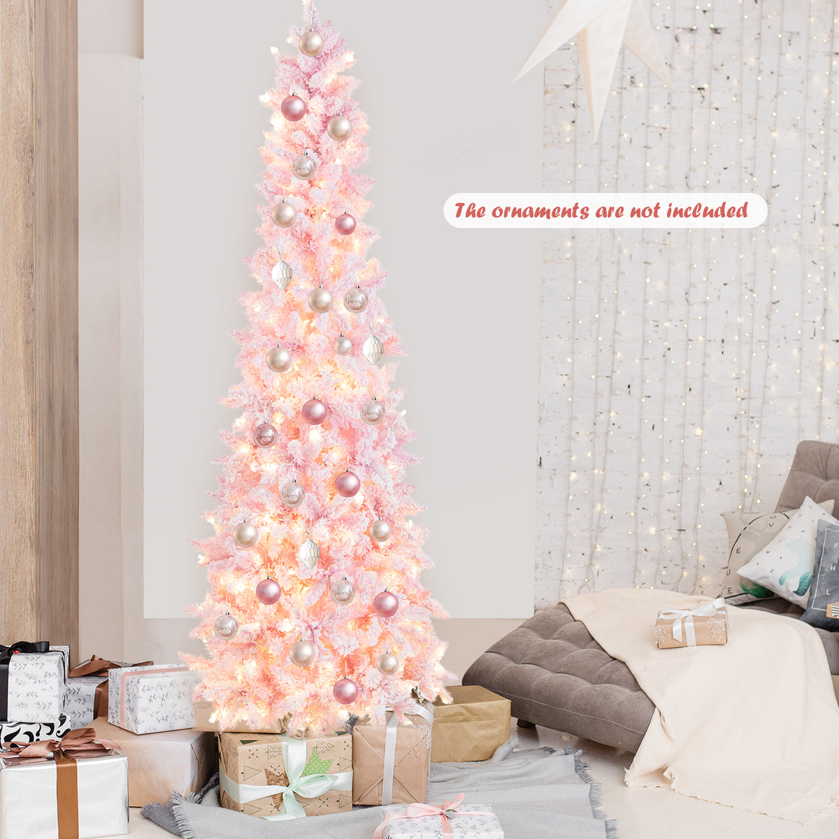 7 FT Slim Pencil Christmas Tree, Hinged Xmas Tree with Flocked Design, 800 PVC Branch Tips