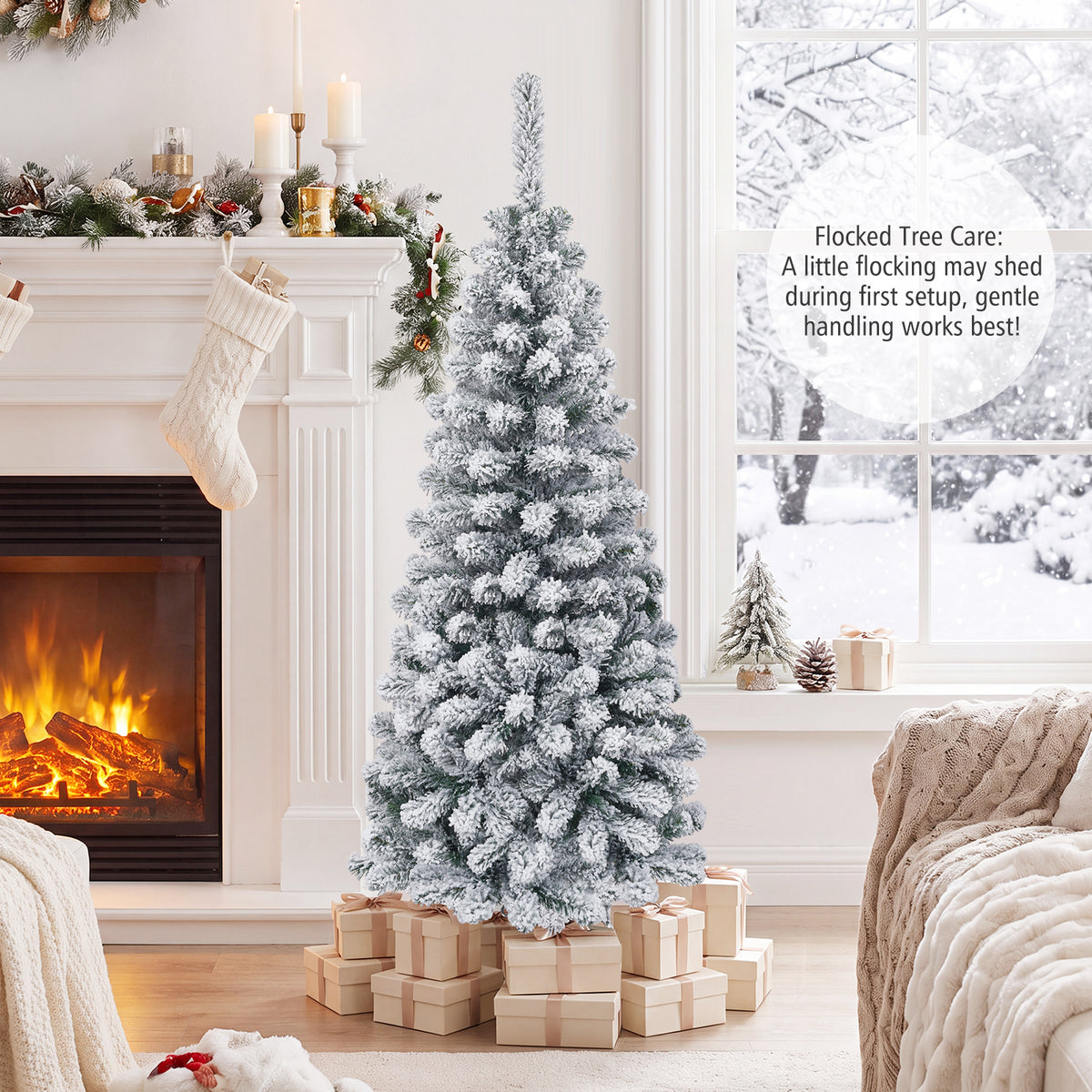 4.5/6/7.5 FT Snow-Flocked Christmas Tree, Artificial Pencil Xmas Tree with 244/502/641 PVC Branch Tips