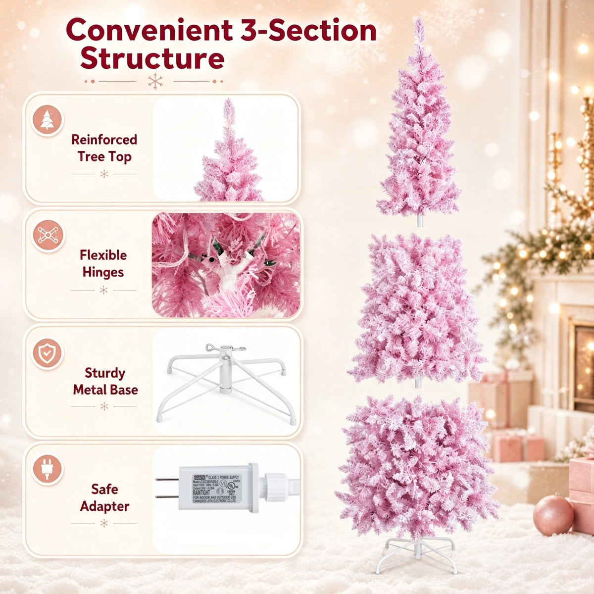 7 FT Slim Pencil Christmas Tree, Hinged Xmas Tree with Flocked Design, 800 PVC Branch Tips