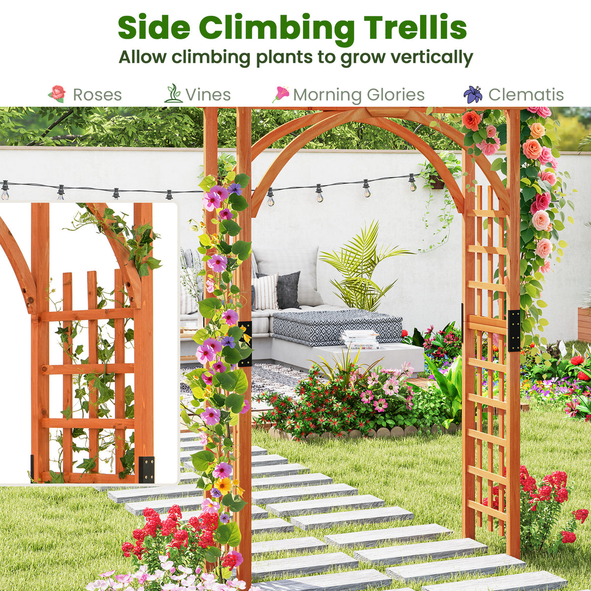 Outdoor Wood Arbor Arch, Natural Solid Wood Garden Arch Arbor Trellis for Climbing Plants