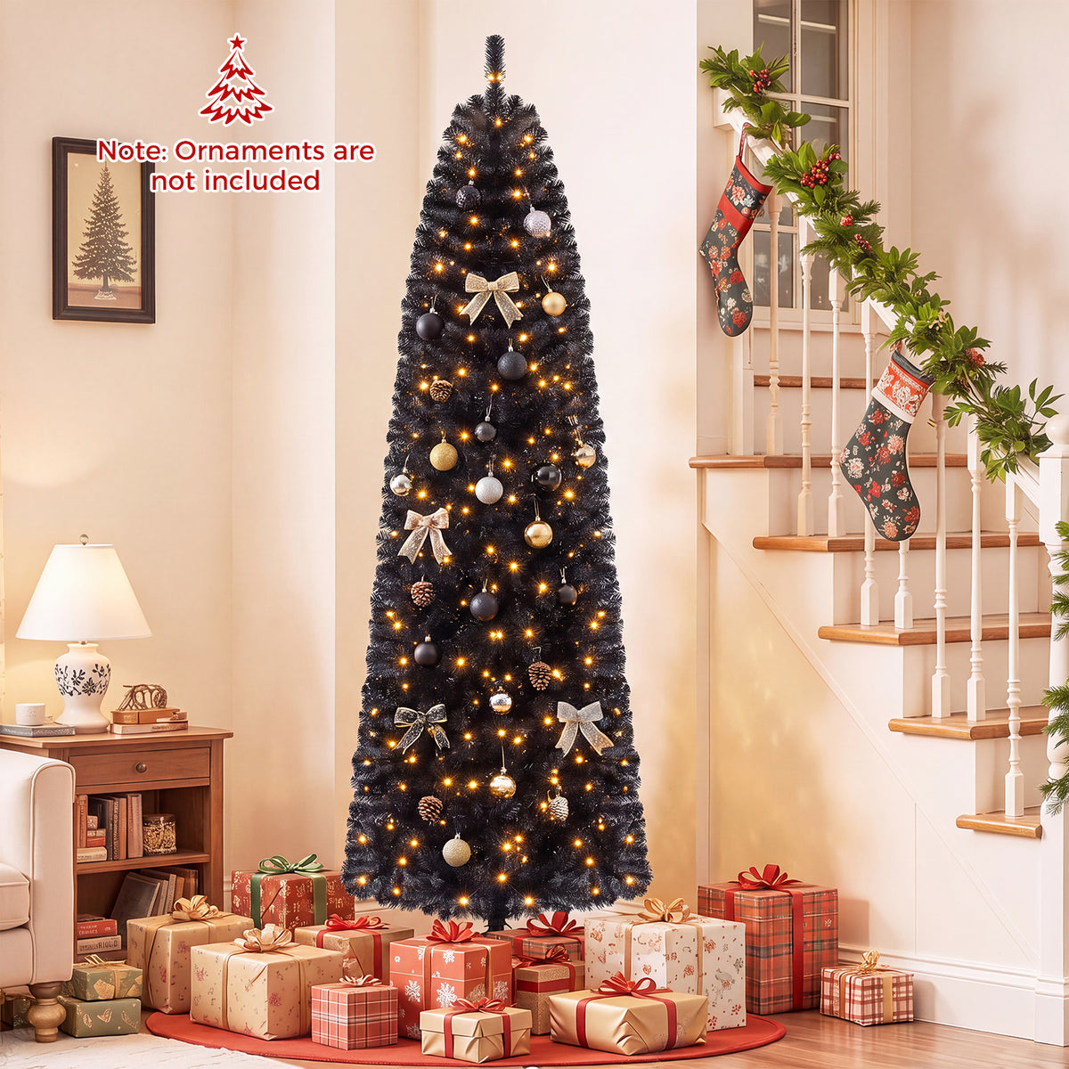 7/8 FT Pre-Lit Black Christmas Tree, Slim Artificial Halloween & Xmas Tree