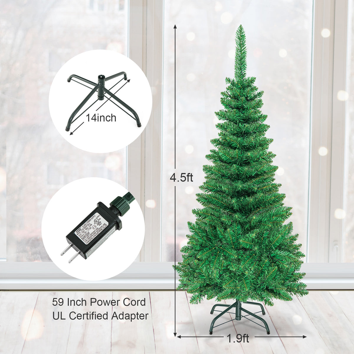 4.5 ft Snow Flocked Pencil Christmas Tree, Pre-Lit Slim Xmas Tree with 226 Branch Tips