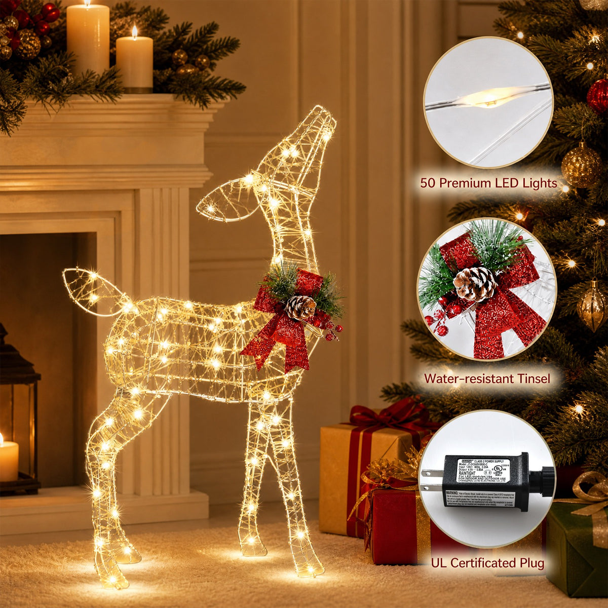 Lighted Christmas Reindeer Decoration, Small Holiday Deer Figure with 50 LED Lights & 4 Stakes