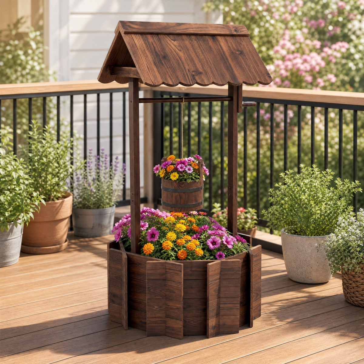 Rustic Outdoor Garden Decoration with Solid Fir Wood Construction, Wooden Wishing Well Planter with Hanging Bucket