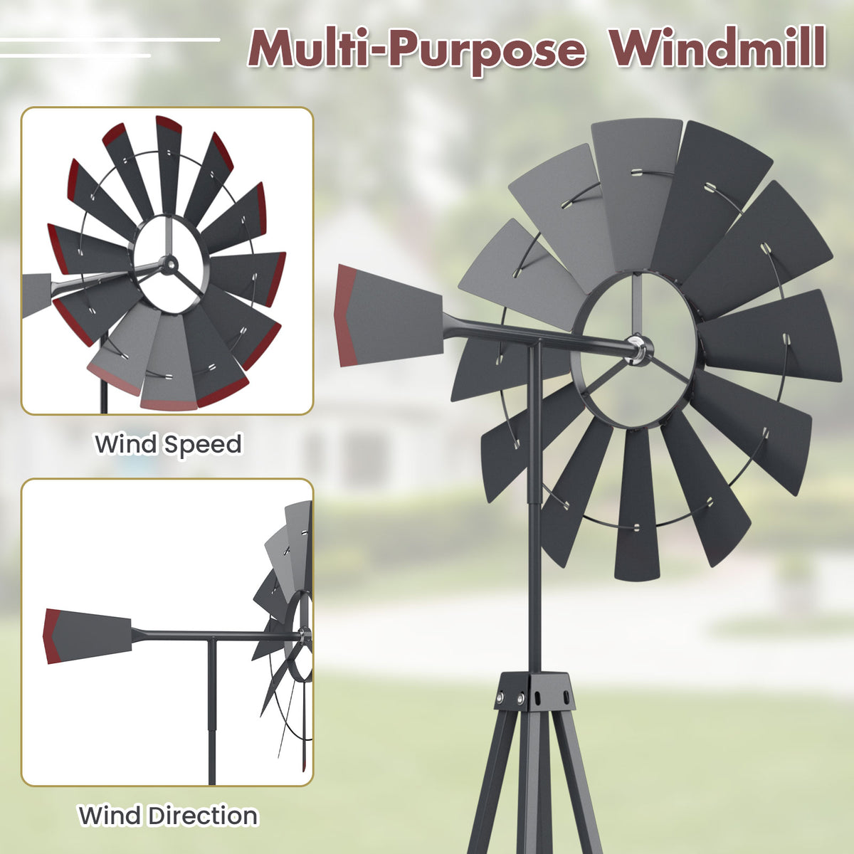 8ft Steel Windmill, Farmhouse Windmill Decoration with Directional Vane