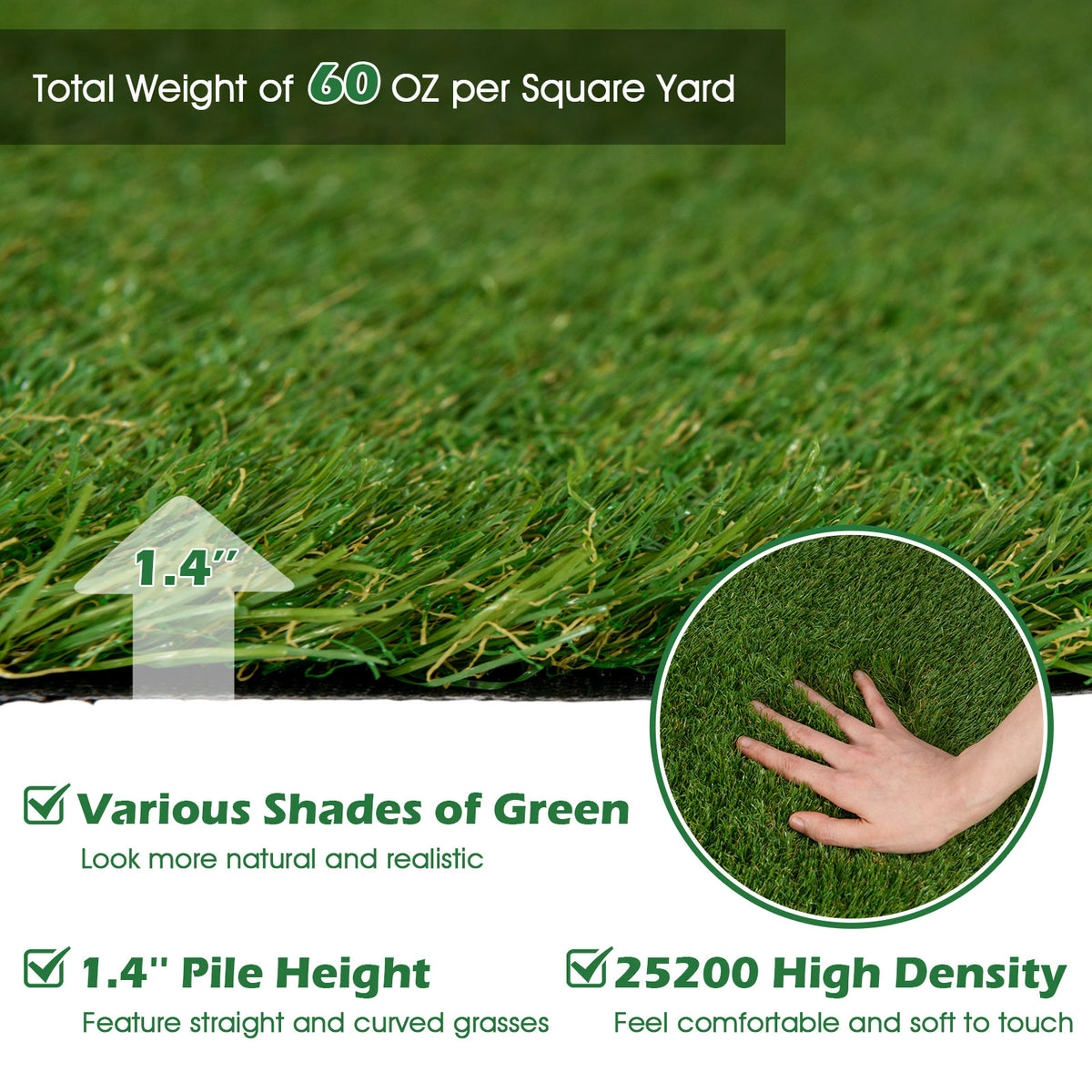 Realistic Artificial Turf Grass, 6 x 10 FT Artificial Synthetic Fake Grass with Drainage